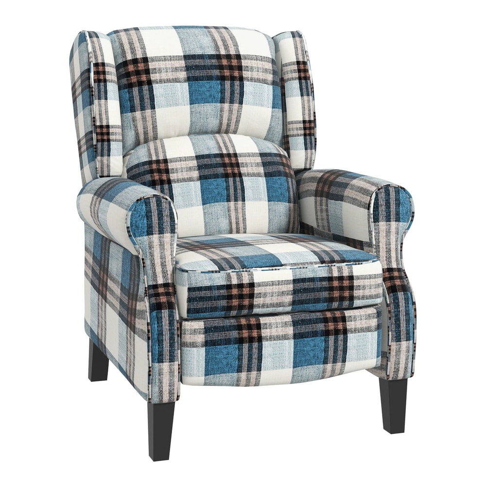 HOMCOM Wingback Reclining Chair Push Back Recliner Armchair in blue tartan fabric on dark wood legs