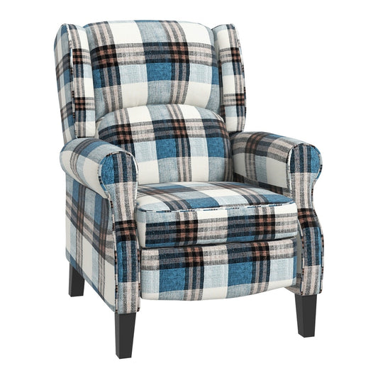HOMCOM Wingback Reclining Chair Push Back Recliner Armchair in blue tartan fabric on dark wood legs