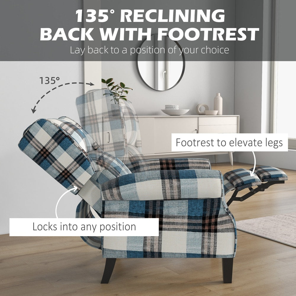 The reclining armchair showing the backrest tilted and the footrest extended for leg support