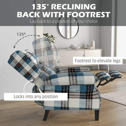 The reclining armchair showing the backrest tilted and the footrest extended for leg support