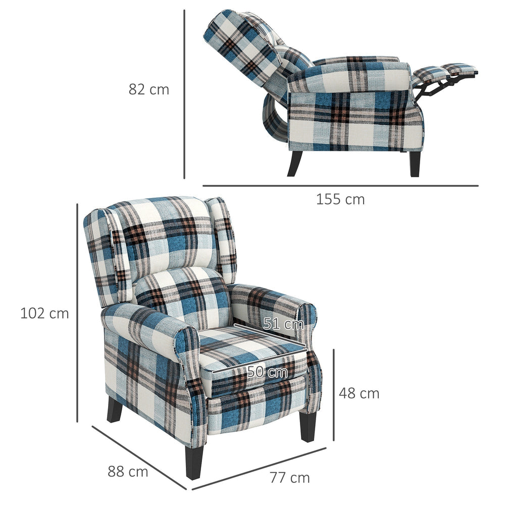 The armchair shown from front and side angles with various dimension lines and measurements