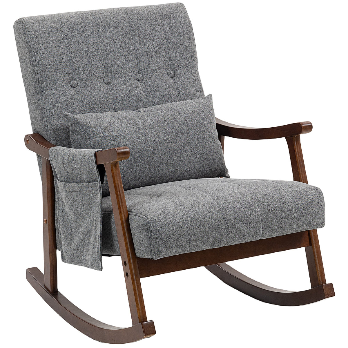 HOMCOM Wood Frame Rocking Accent Chair in grey with a side pocket and a matching lumbar cushion