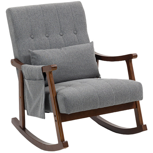HOMCOM Wood Frame Rocking Accent Chair in grey with a side pocket and a matching lumbar cushion