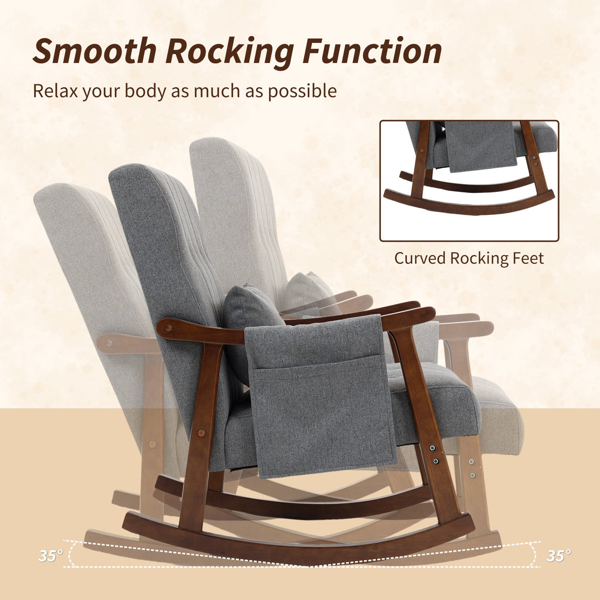 The rocking armchair demonstrating its motion range and a detail of the curved wooden base