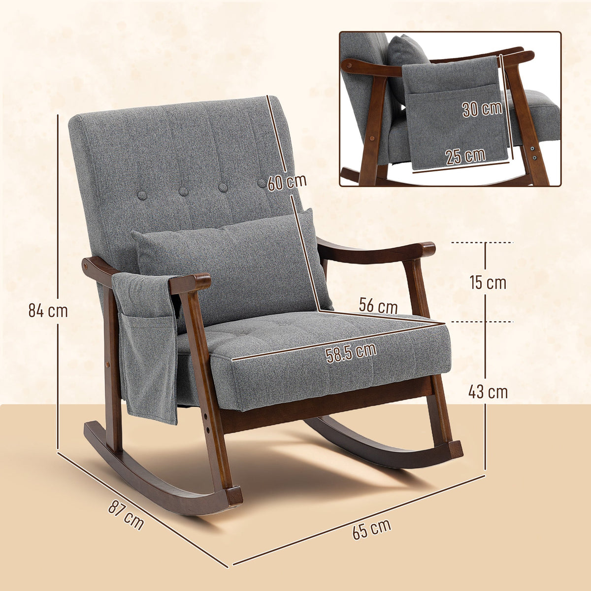 The accent chair shown with various dimension lines and a close-up of the side storage pocket