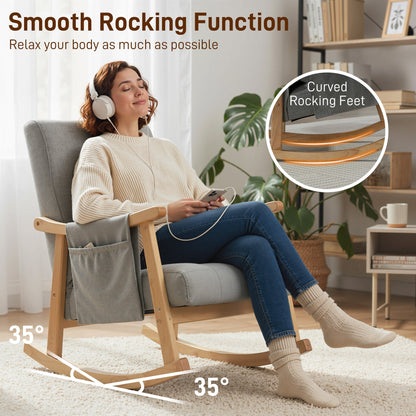 Woman relaxing in the grey rocking accent chair with curved rocking feet
