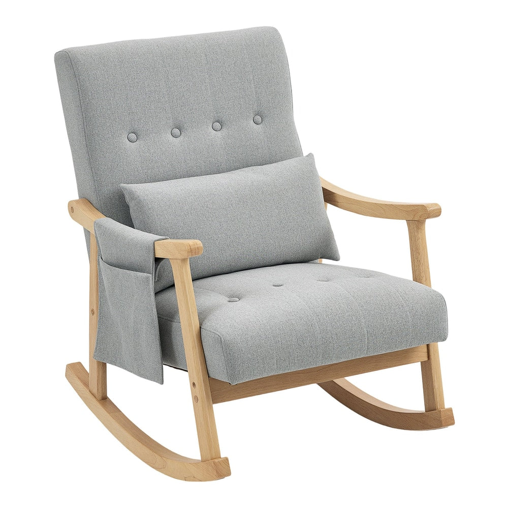 HOMCOM Wood Frame Rocking Accent Chair with a grey fabric seat and wooden rocking base