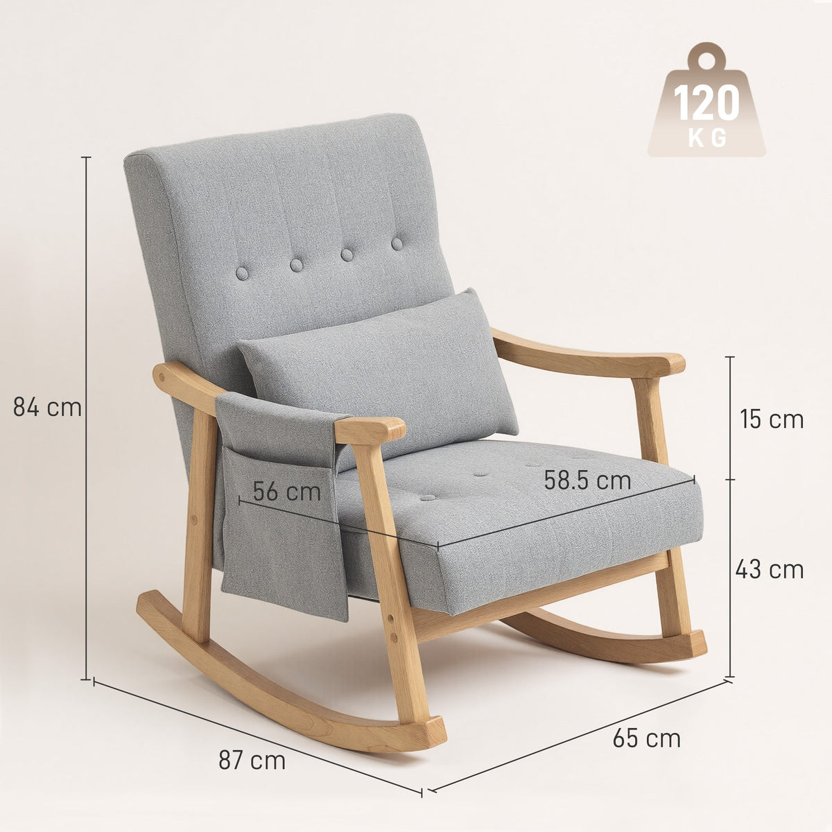 Dimensions of the light grey wood frame rocking accent chair including height and width