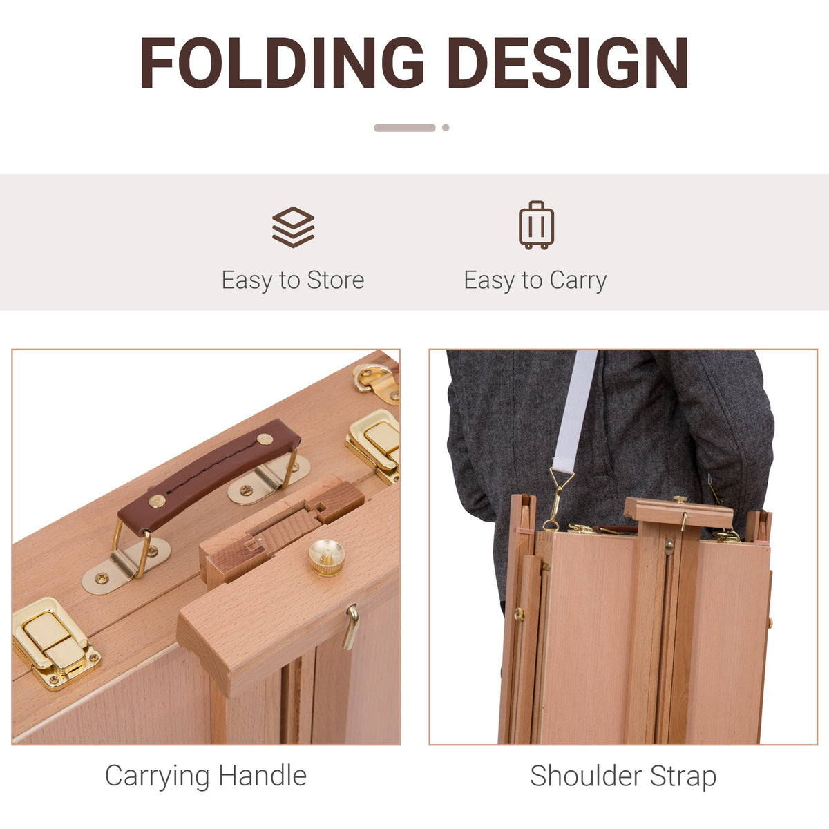 The portable easel showing the carrying handle and the shoulder strap for easy transport
