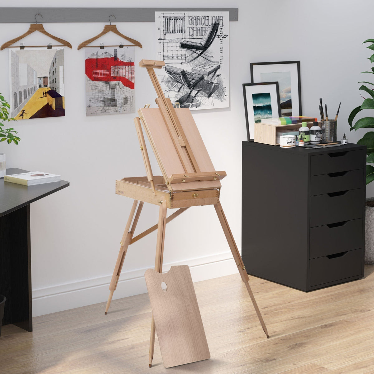 HOMCOM Wooden Art Easel Tripod Sketch Artist Painters Craft Portable Folding Drawing Board Lightweight set up in a studio