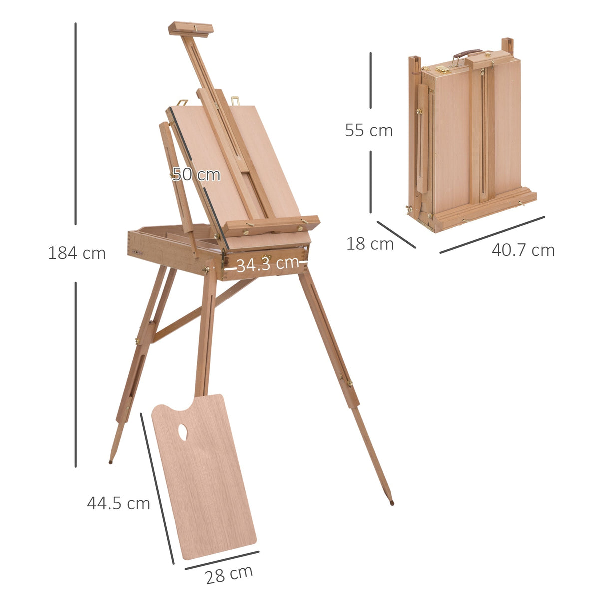 The tripod drawing board showing dimensions for the open and folded states with a palette