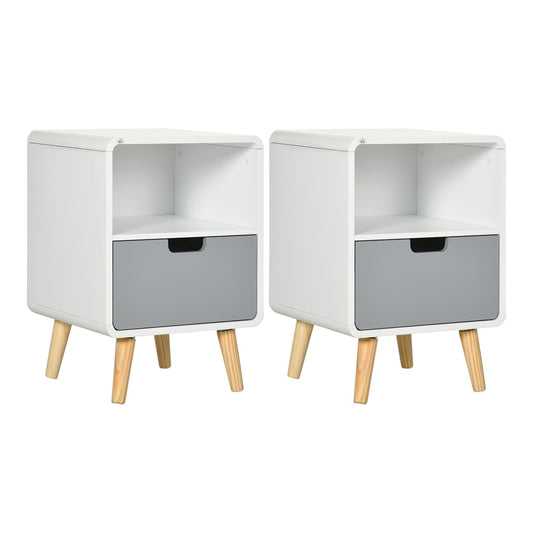 HOMCOM Wooden Bedside Table End Nightstand with a drawer and open shelf, shown as a pair