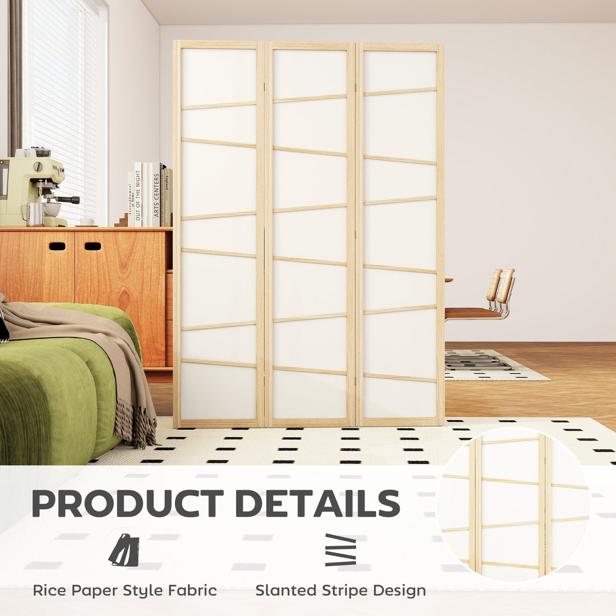 The folding screen placed in a modern living space with a close-up of the panel design