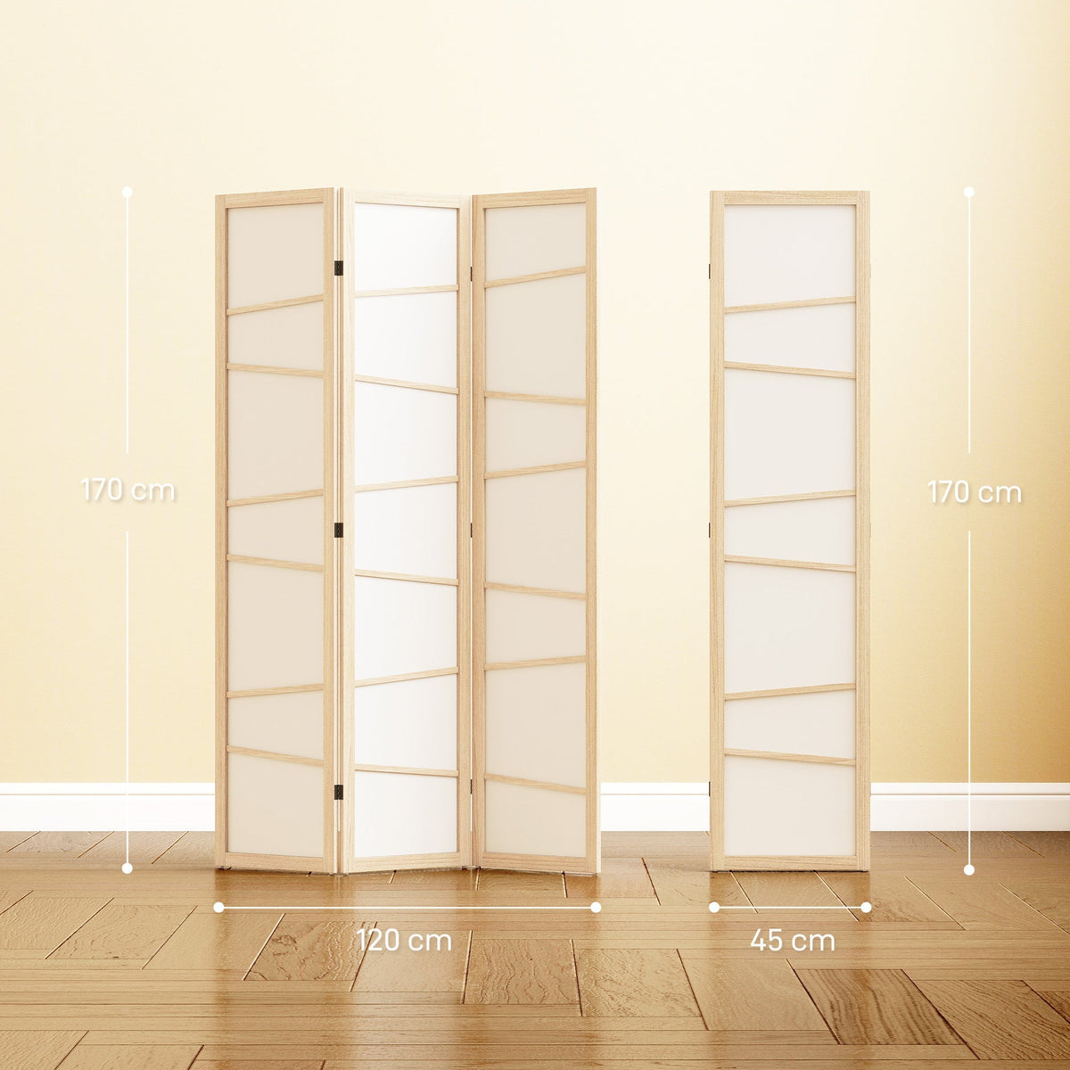 The privacy screen shown in two configurations with lines indicating height and width