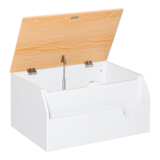 HOMCOM Wooden Kids Toy Box with the lid open showing the inside storage space