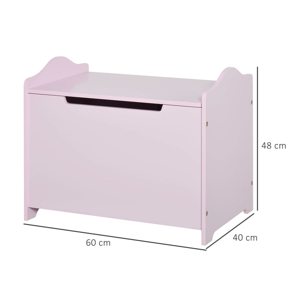 Dimensions of the pink toy storage chest are shown with labels