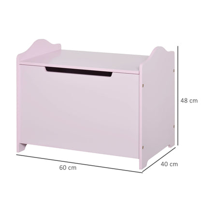 Dimensions of the pink toy storage chest are shown with labels