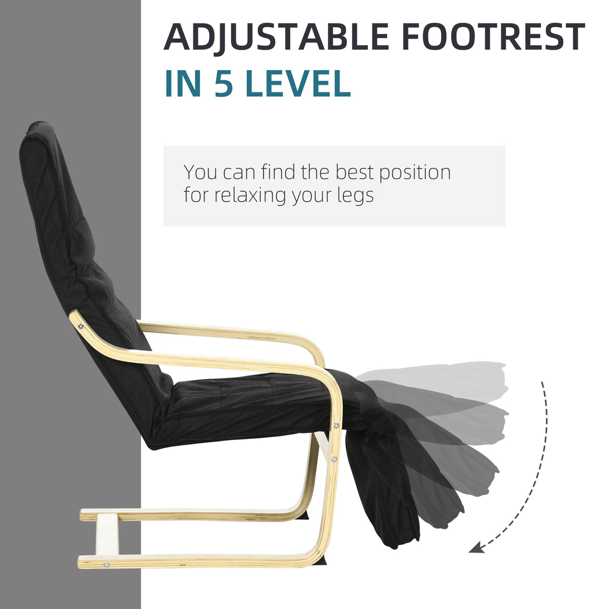 The black upholstered armchair with an adjustable footrest shown in multiple positions
