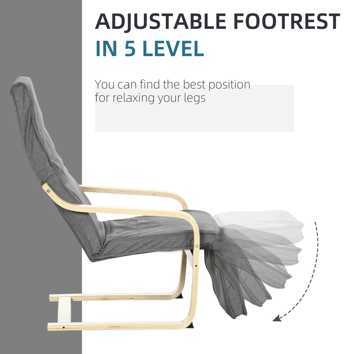 The armchair's footrest shown in multiple positions to demonstrate adjustability