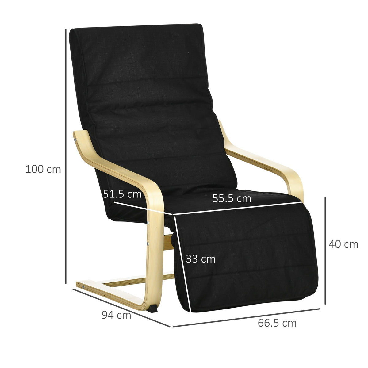 The black upholstered armchair with dimensions shown in cm