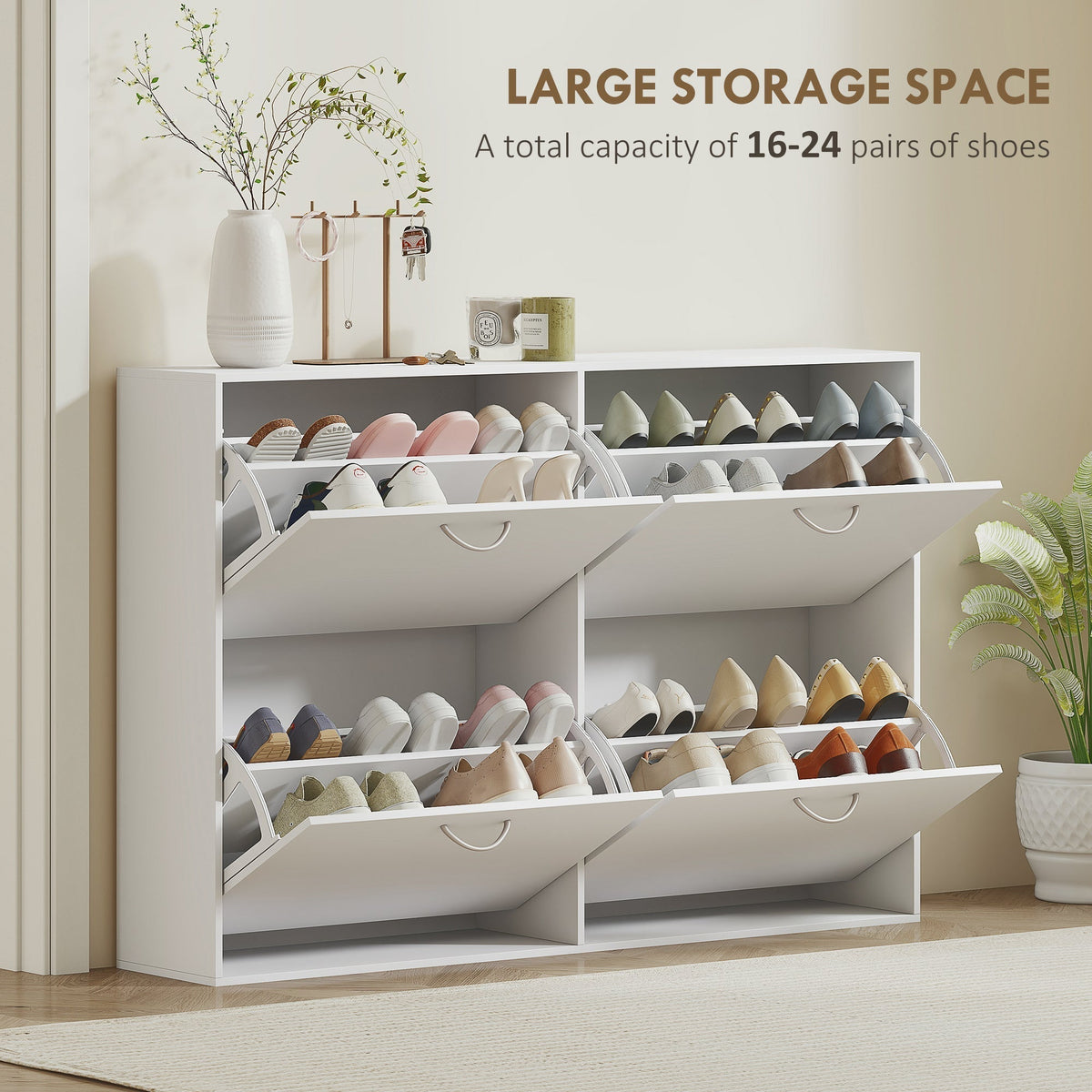 White shoe storage cabinet with all four pull-down doors open, displaying shoe capacity