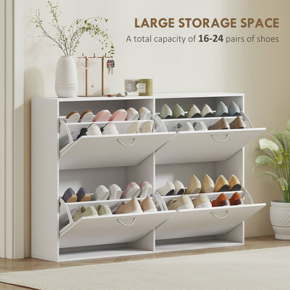 White shoe storage cabinet with all four pull-down doors open, displaying shoe capacity