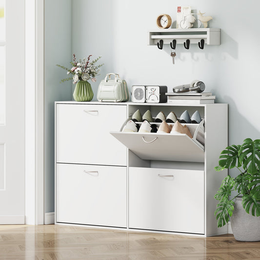 White shoe storage cabinet with four drawers and pull down shelves, shown in a hallway setting