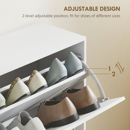 Close-up of the adjustable shelves inside the shoe storage cabinet, showing shoe placement