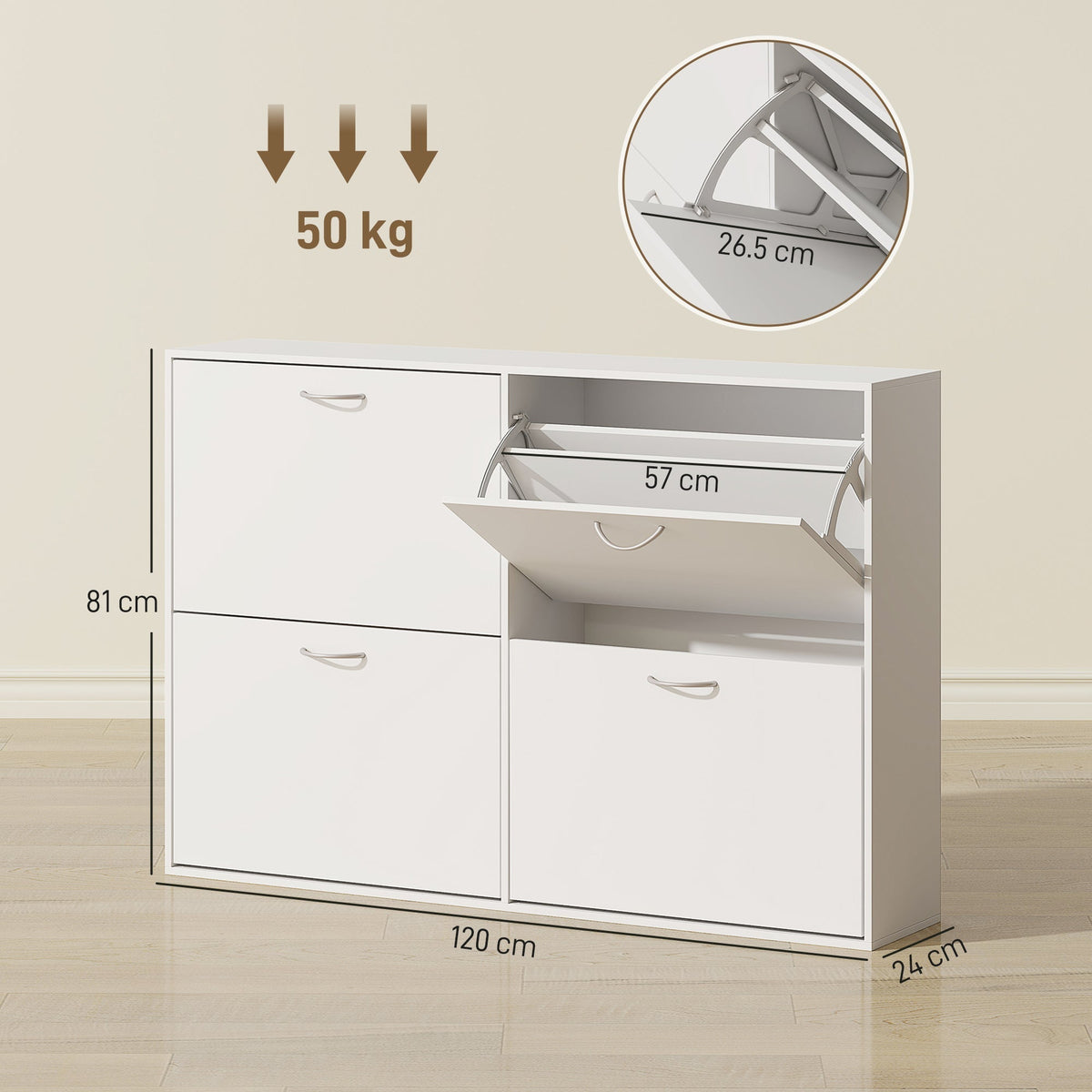 White shoe storage cabinet with dimensions and weight capacity indicated