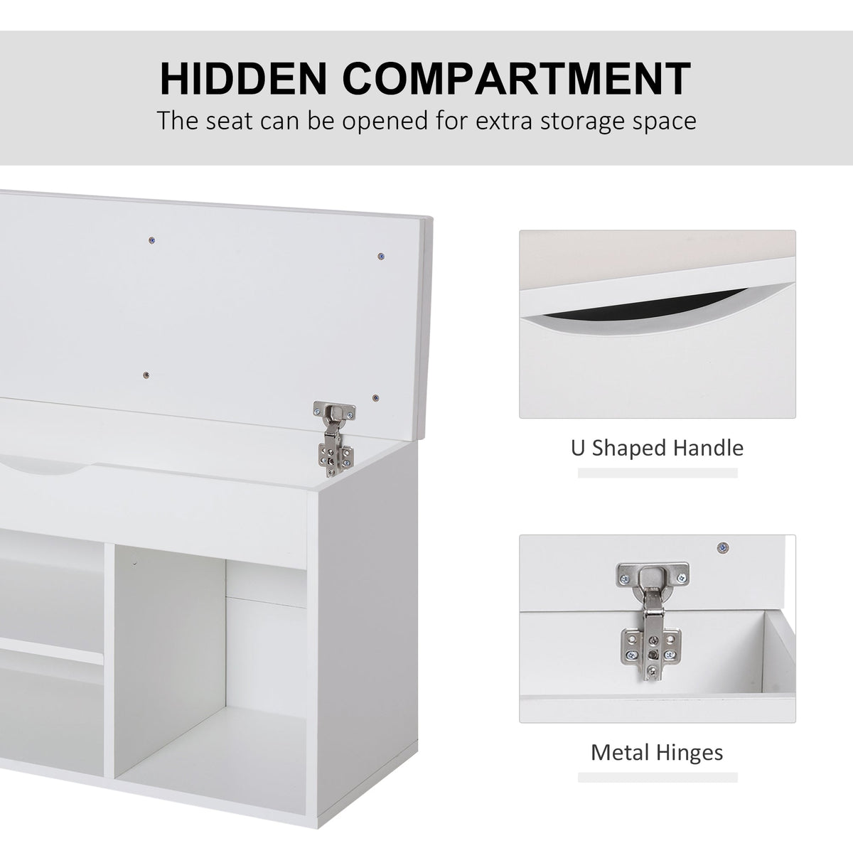 The shoe storage unit with the seat open to reveal the hidden storage compartment