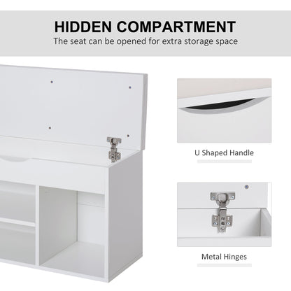 The shoe storage unit with the seat open to reveal the hidden storage compartment