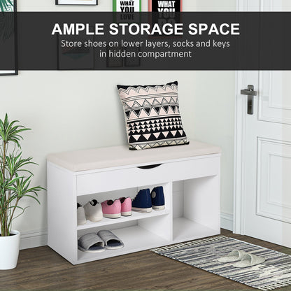 The shoe storage unit styled in a hallway with a cushion and footwear on the shelves