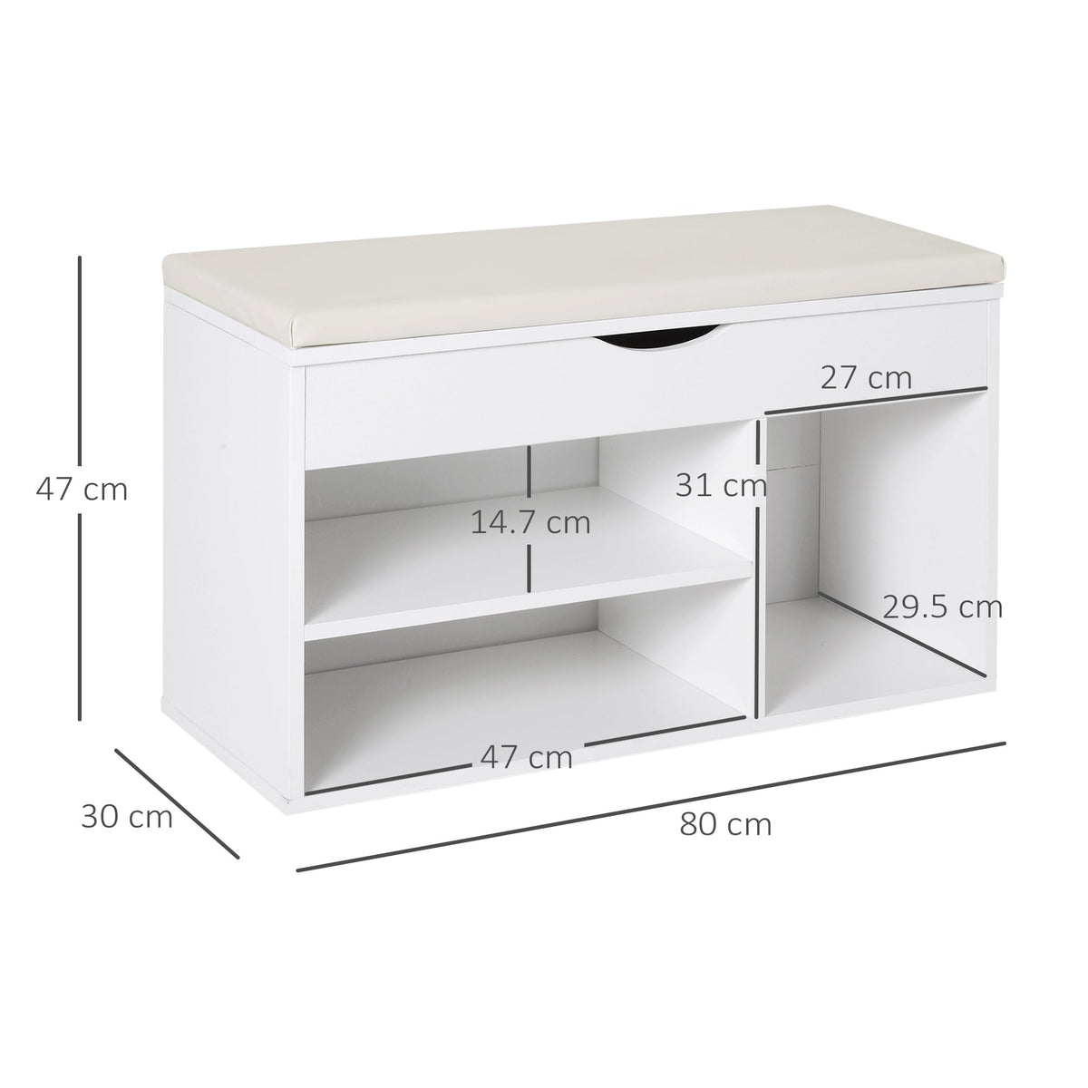 The shoe storage unit showing various dimensions with lines and labels