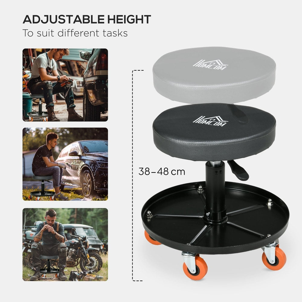 Adjustable height mechanic stool shown with different tasks