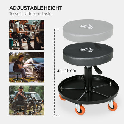 Adjustable height mechanic stool shown with different tasks