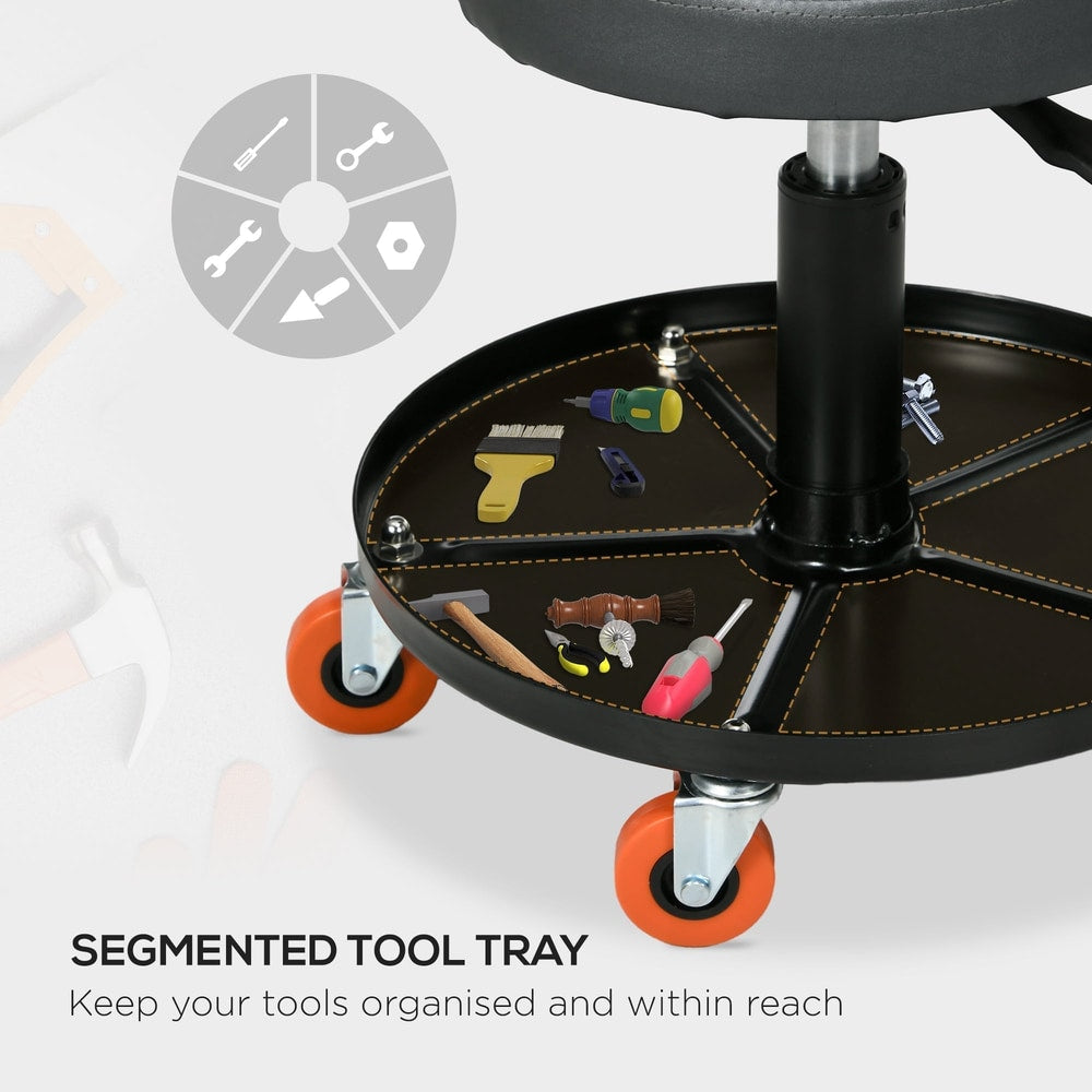 Close-up of the segmented tool tray on the mechanic stool