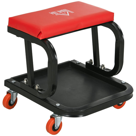 HOMCOM Workshop Stool with a red padded seat and a black tool tray on orange wheels