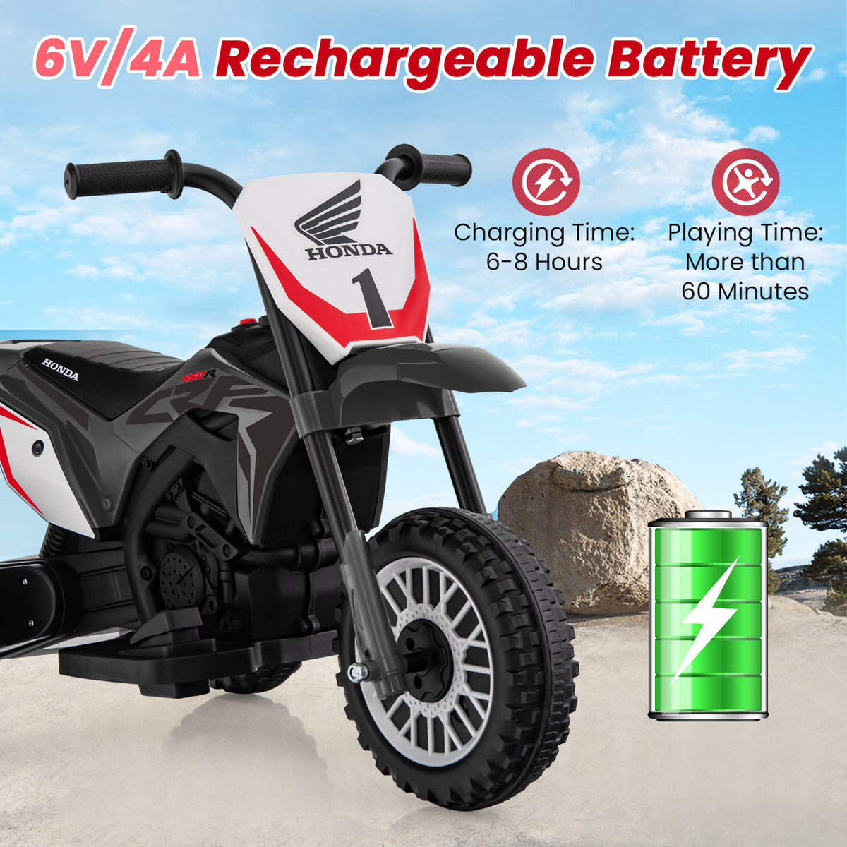 Rechargeable battery information for the grey kids electric motorbike