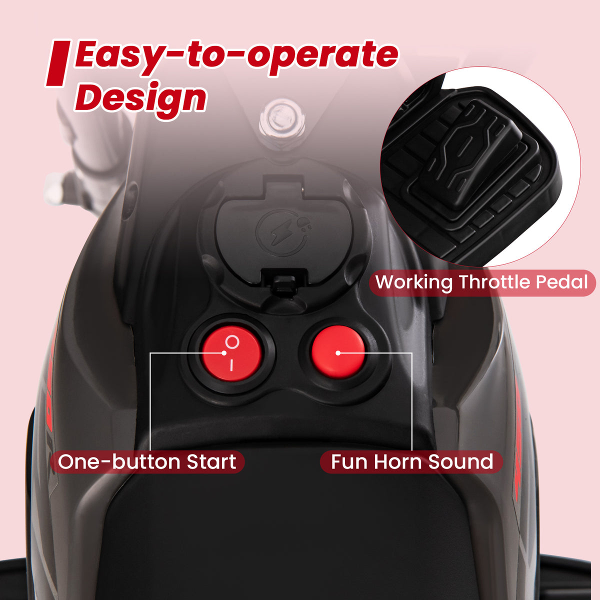 Close-up of the controls on the grey kids electric motorbike, including start button and horn