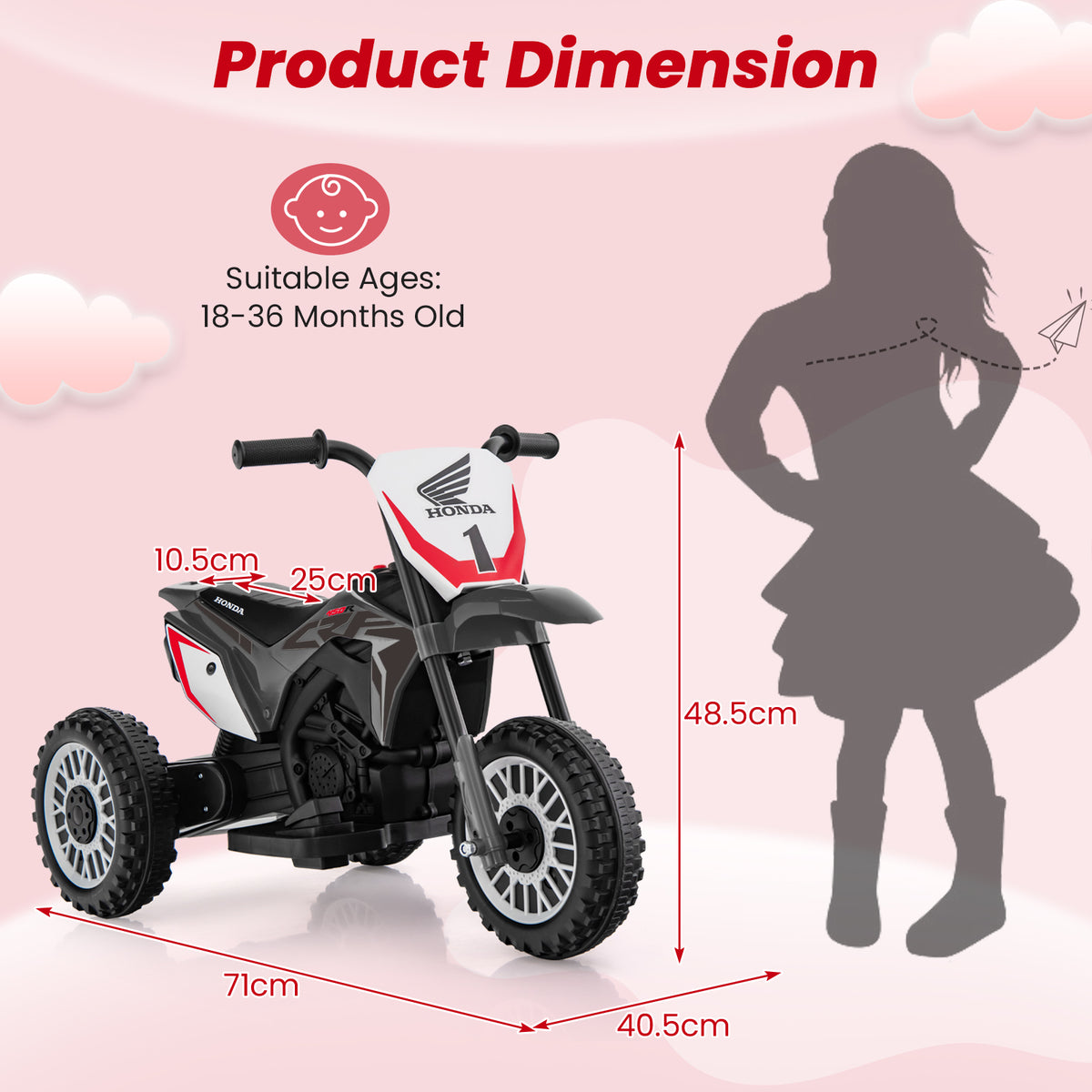 Product dimension diagram showing the grey kids electric motorbike with measurements
