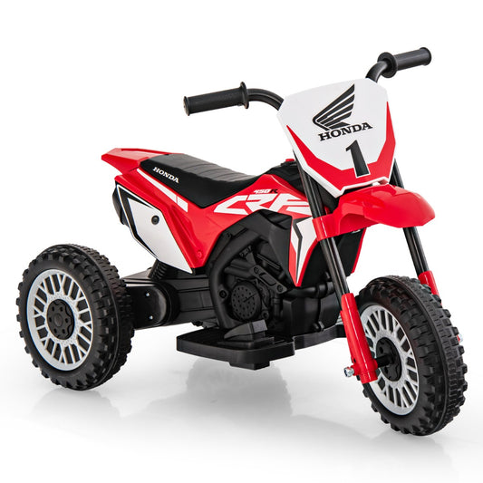 Honda Licensed Kids Ride On Motorbike, a red three-wheeled electric toy motorcycle with black handlebars and white accents