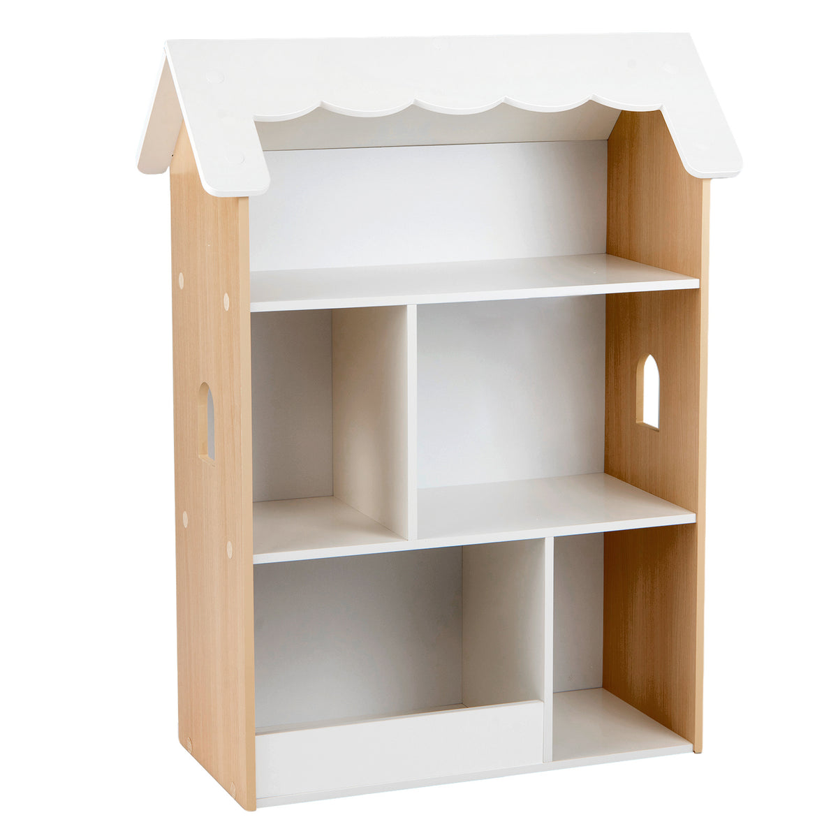 The empty kids storage unit showing the white roof and light wood side panels