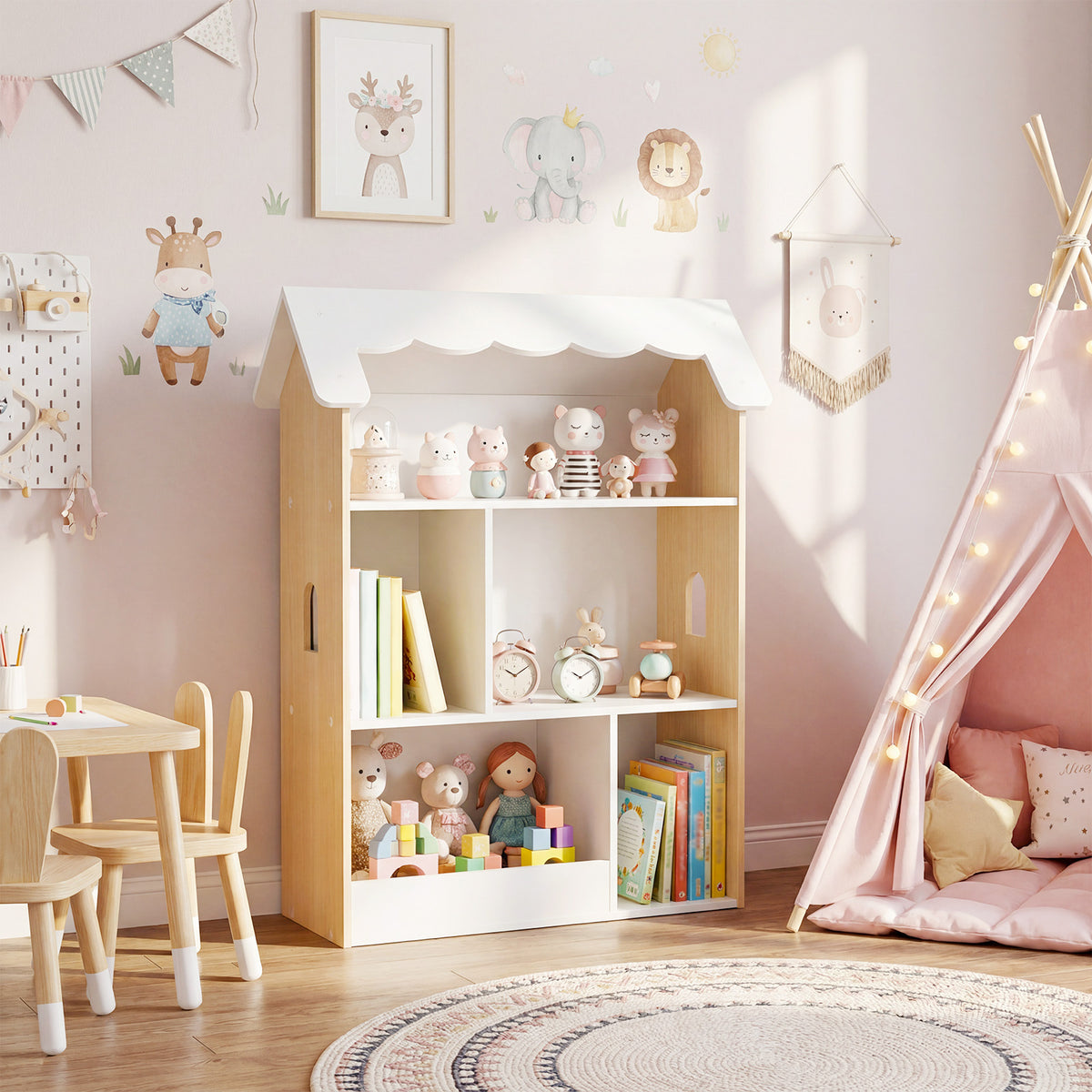 The wooden shelving unit standing in a playroom next to a teepee tent and small table
