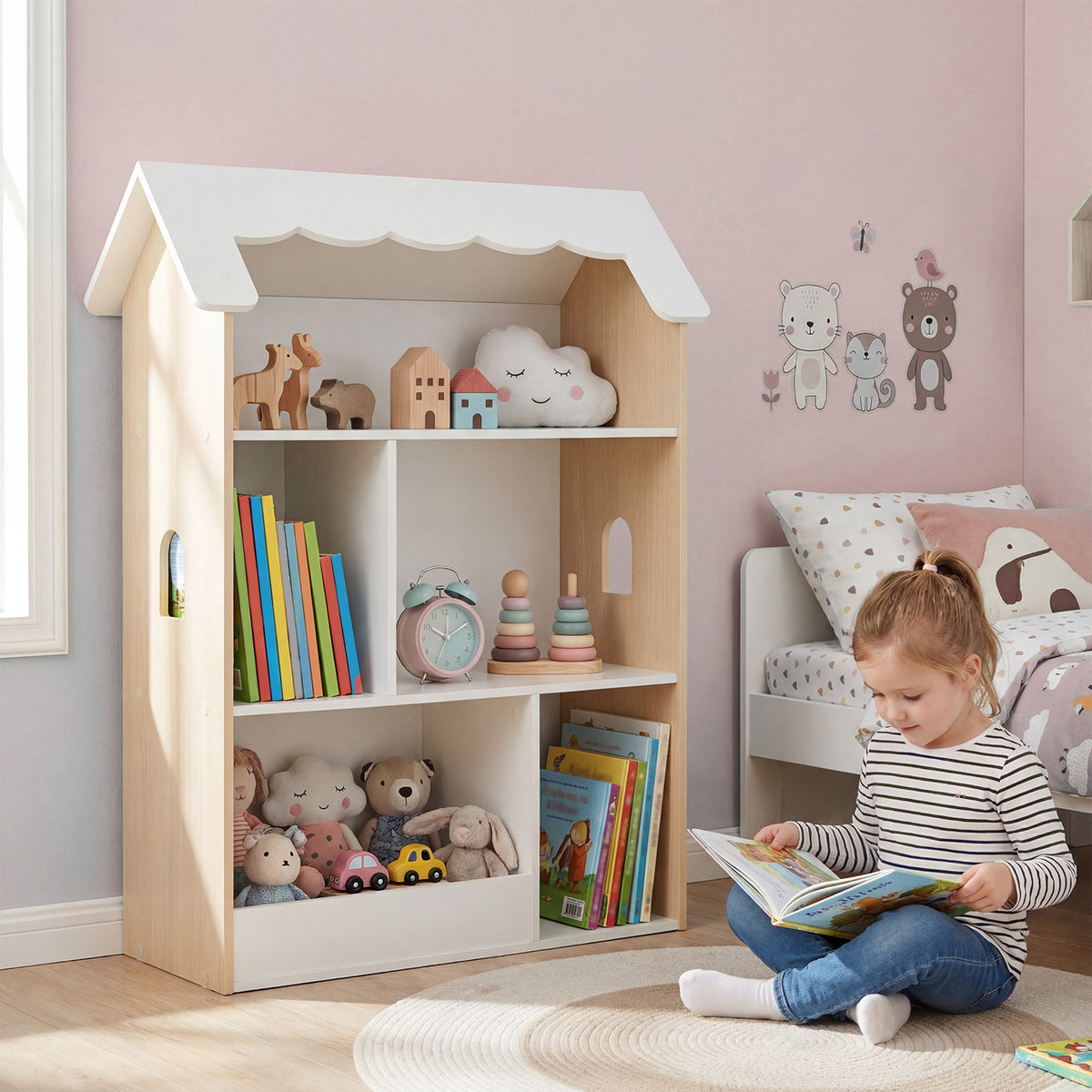House-Shaped Kids Bookshelf with Roof and Windows for Playroom in White