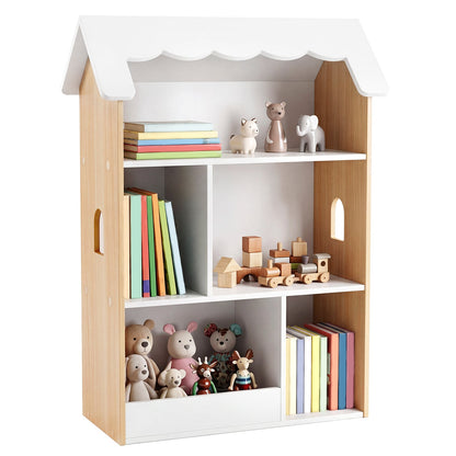 House-Shaped Kids Bookshelf with Roof and Windows for Playroom filled with toys and books