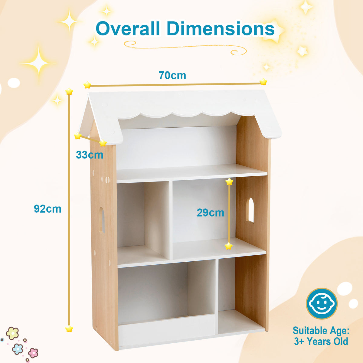House-Shaped Kids Bookshelf with Roof and Windows for Playroom in White