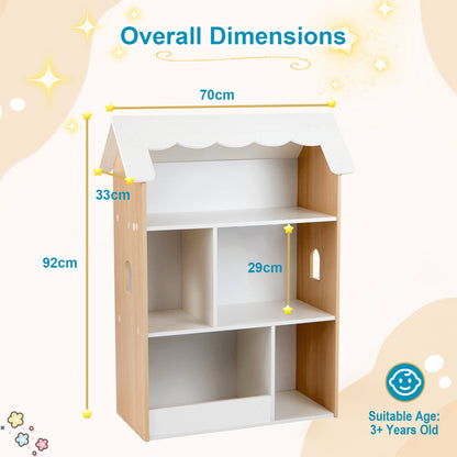 House-Shaped Kids Bookshelf with Roof and Windows for Playroom in White