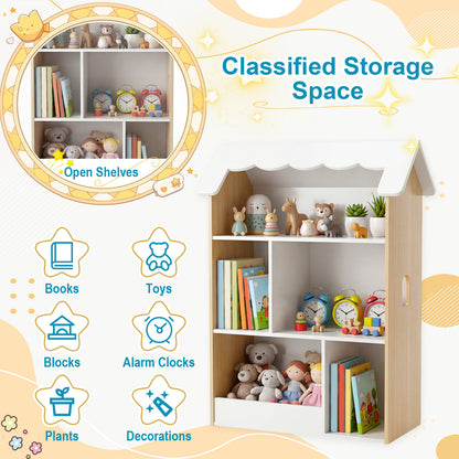 House-Shaped Kids Bookshelf with Roof and Windows for Playroom in White