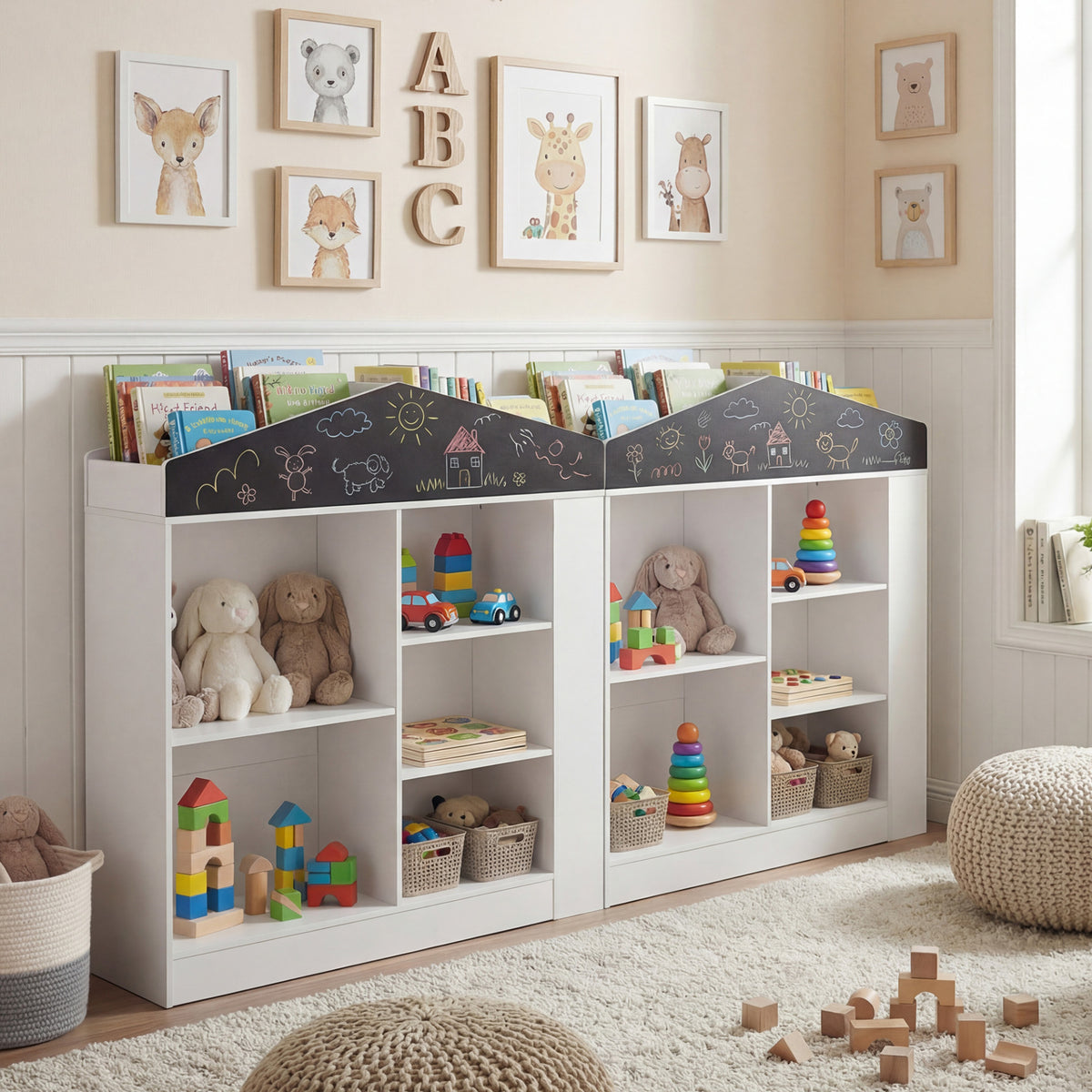 Two kids storage units placed side by side in a decorated playroom