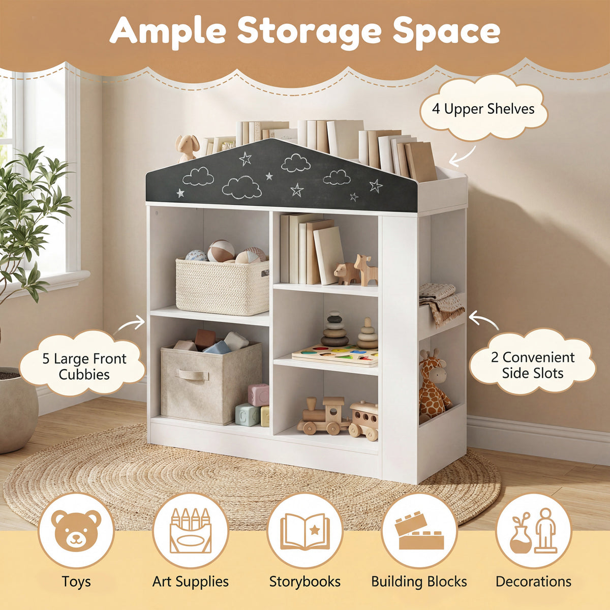 The kids storage unit with labels highlighting the storage space and shelf types